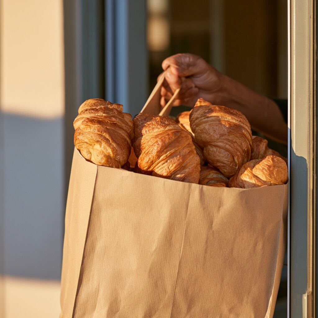 Un sac kraft rempli de croissants, tendu devant une porte au lever du jour