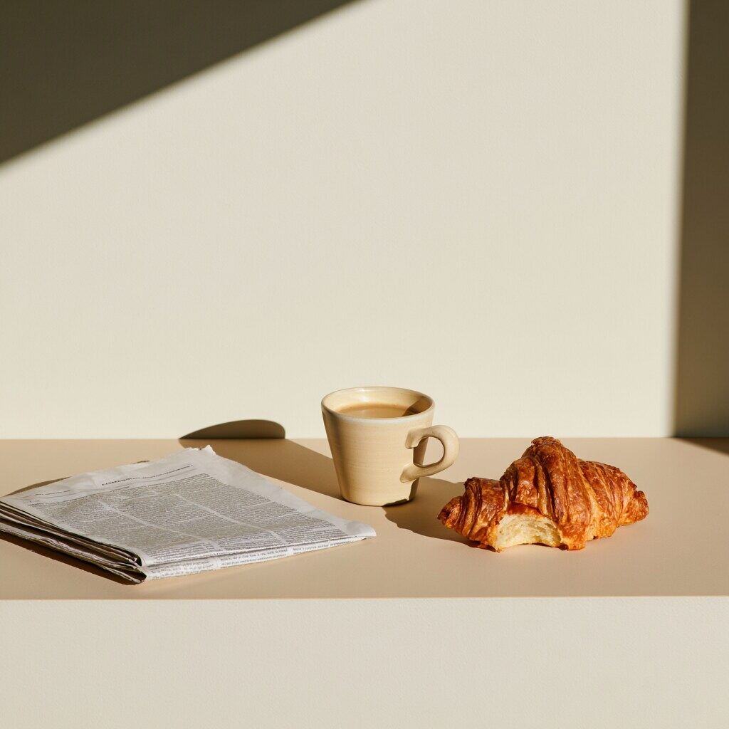 Table du dimanche matin : un croissant entamé, un mug de café, le journal plié dans la lumière de la fenêtre